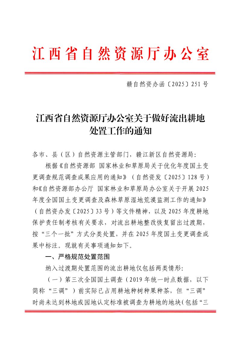 江西省自然资源厅办公室《关于做好流出耕地处置工作的通知》赣自然资办函〔2025〕251号第1页