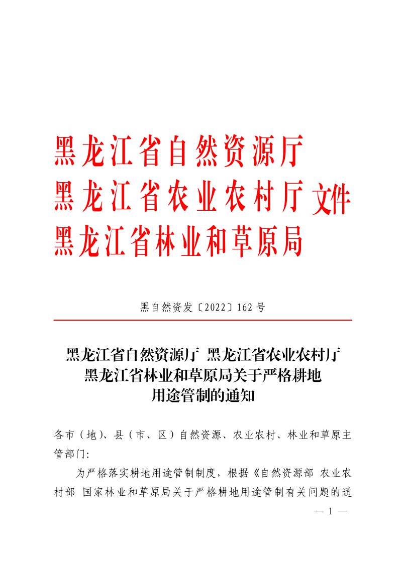 黑龙江省自然资源厅《关于严格耕地用途管制的通知》黑自然资发〔2022〕162号第1页
