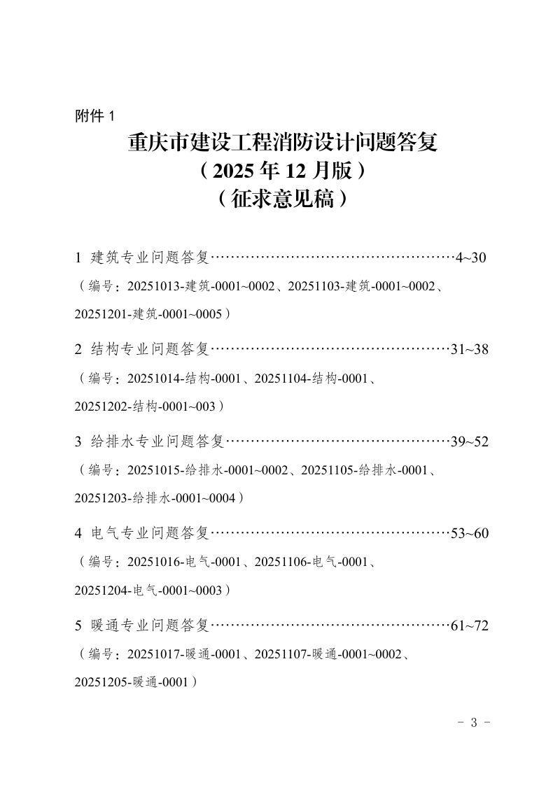 重庆市建设工程消防设计问题答复（2025年12月版，征求意见稿）第1页