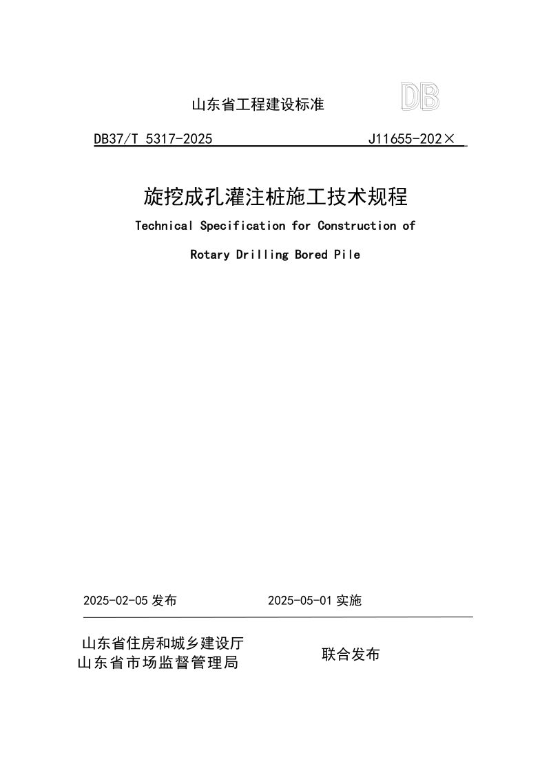 山东省《旋挖成孔灌注桩施工技术规程》DB37/T5317-2025第1页