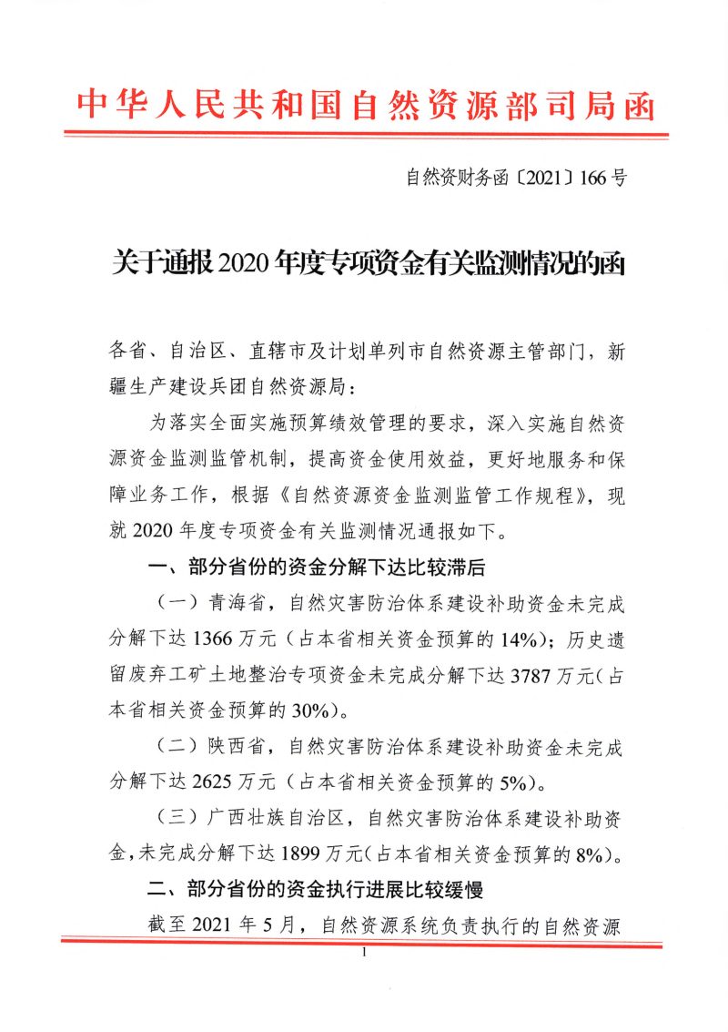 自然资源部《关于通报2020年度专项资金有关监测情况的函》自然资财务函〔2021〕166号第1页