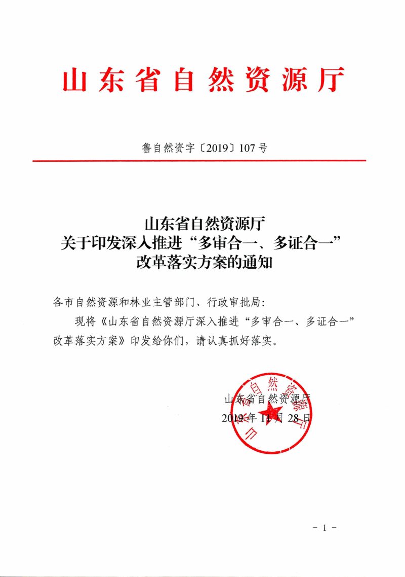 山东省自然资源厅《深人推进“多审合一、多证合一”改革落实方案》鲁自然资字〔2019〕107号第1页