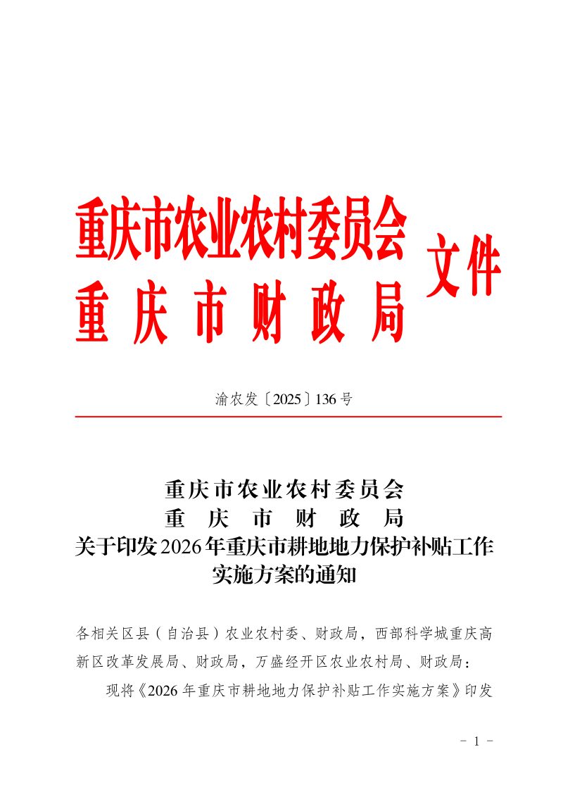 重庆市农业农村委员会 重庆市财政局《2026年重庆市耕地地力保护补贴工作实施方案》渝农发〔2025〕136号第1页