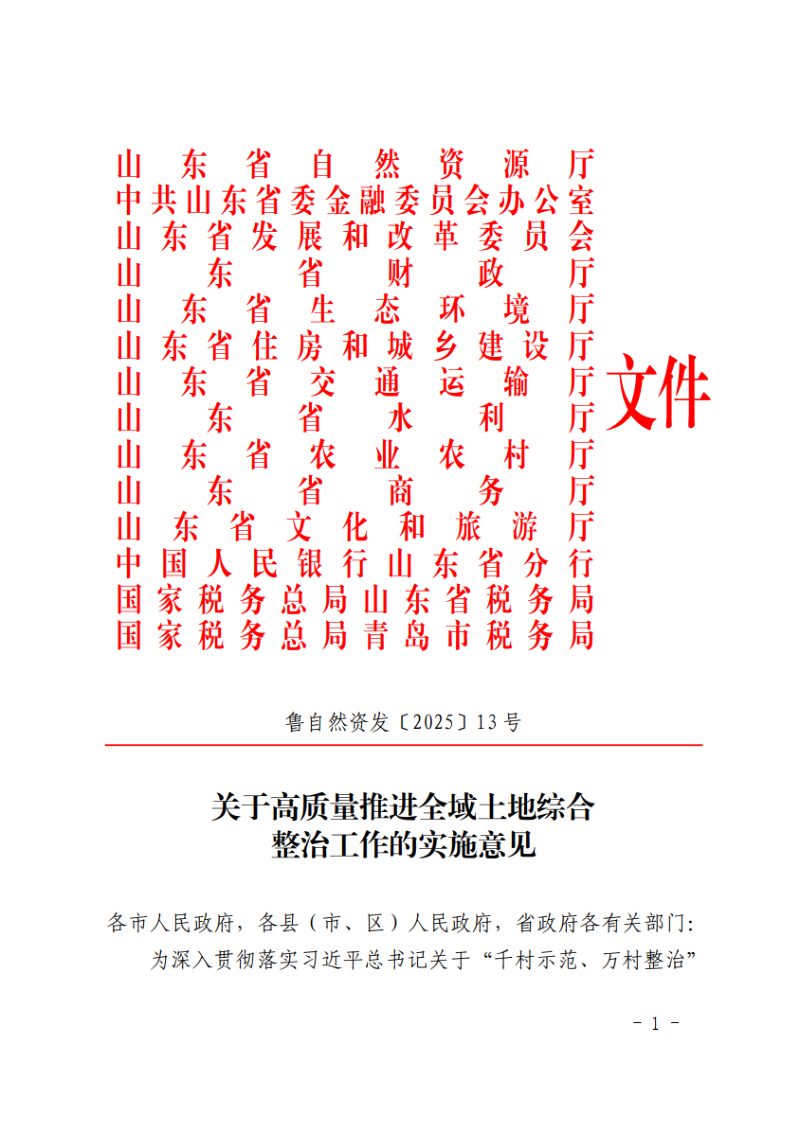山东省自然资源厅等14部门《关于高质量推进全域土地综合整治工作的实施意见》鲁自然资发〔2025〕13号第1页