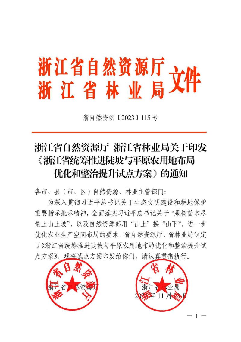 浙江省自然资源厅 浙江省林业局《浙江省统筹推进陡坡与平原农用地布局优化和整治提升试点方案》浙自然资函〔2023〕115号第1页