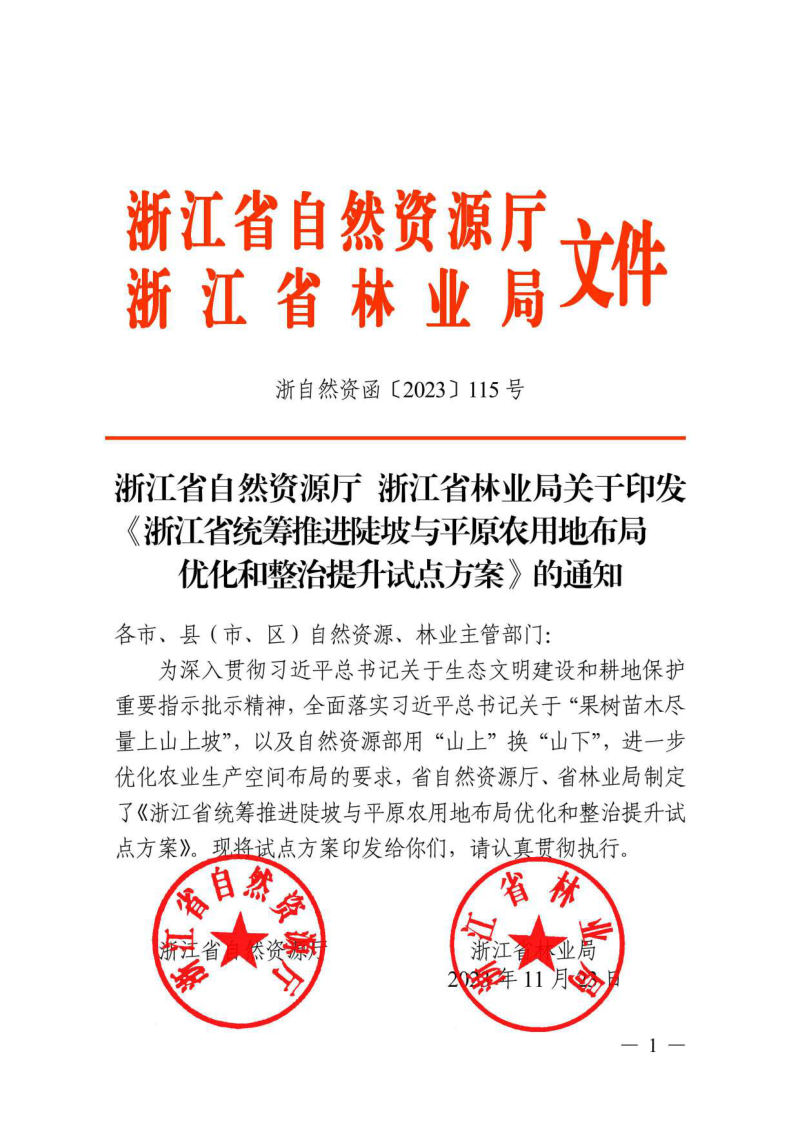 浙江省自然资源厅 浙江省林业局《浙江省统筹推进陡坡与平原农用地布局优化和整治提升试点方案》浙自然资函〔2023〕115号第1页