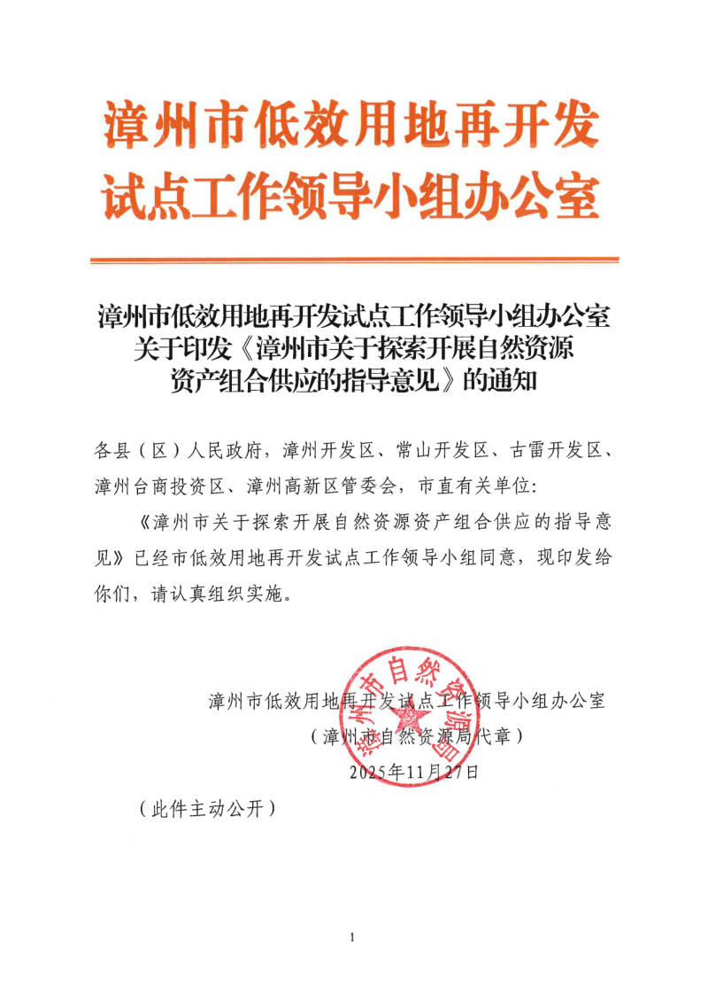 漳州市关于探索开展自然资源资产组合供应的指导意见第1页
