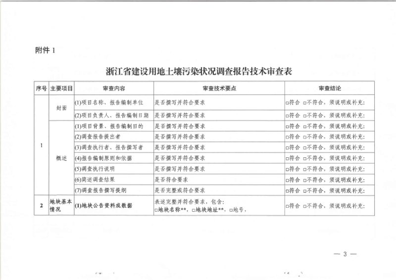 浙江省生态环境厅《建设用地土壤污染状况调查报告、风险评估报告和修复效果评估报告技术审查表》第3页