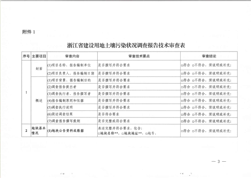 浙江省生态环境厅《建设用地土壤污染状况调查报告、风险评估报告和修复效果评估报告技术审查表》第3页