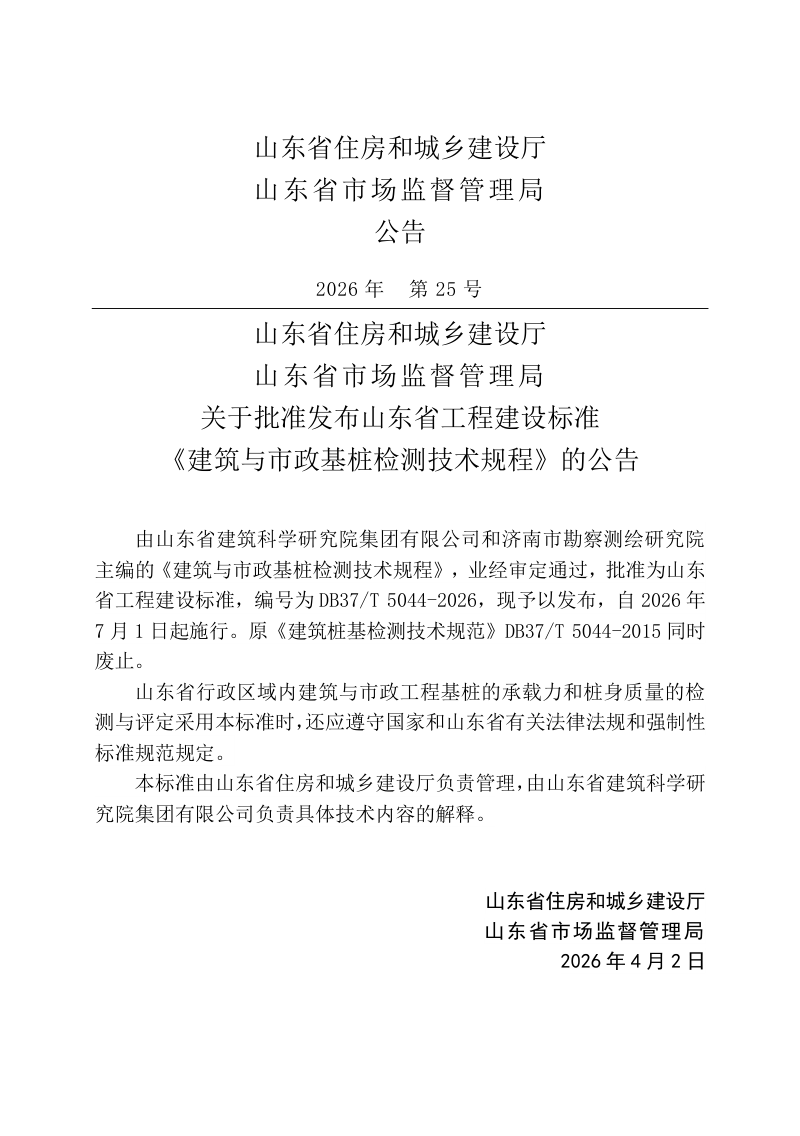 山东省《建筑与市政基桩检测技术规程》DB37/T 5044-2026第3页