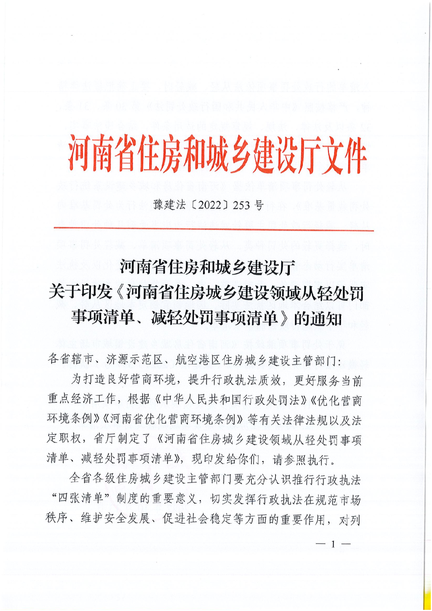 河南省住房城乡建设领域从轻处罚事项清单、减轻处罚事项清单-1