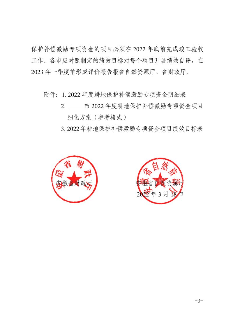 安徽省财政厅 安徽省自然资源厅《关于下达2022年耕地保护补偿激励专项资金的通知》皖财资环〔2022〕248号第3页