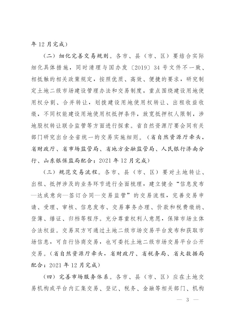 山东省人民政府办公厅《关于完善建设用地使用权转让、出租、抵押二级市场的实施意见》鲁政办发〔2019〕33号第3页