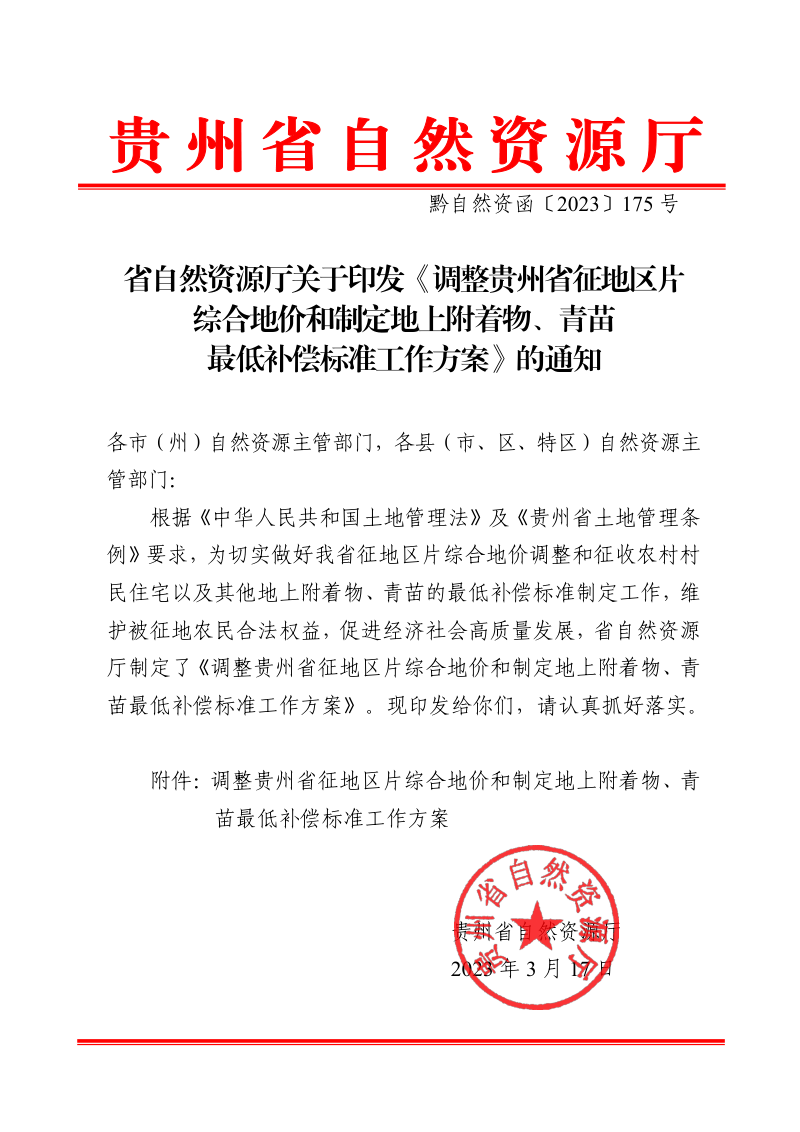 贵州省自然资源厅《调整贵州省征地区片综合地价和制定地上附着物、青苗最低补偿标准工作方案》黔自然资函〔2023〕175号第1页