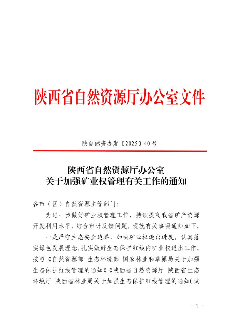 陕西省自然资源厅办公室《关于加强矿业权管理有关工作的通知》陕自然资办发〔2025〕40号第1页