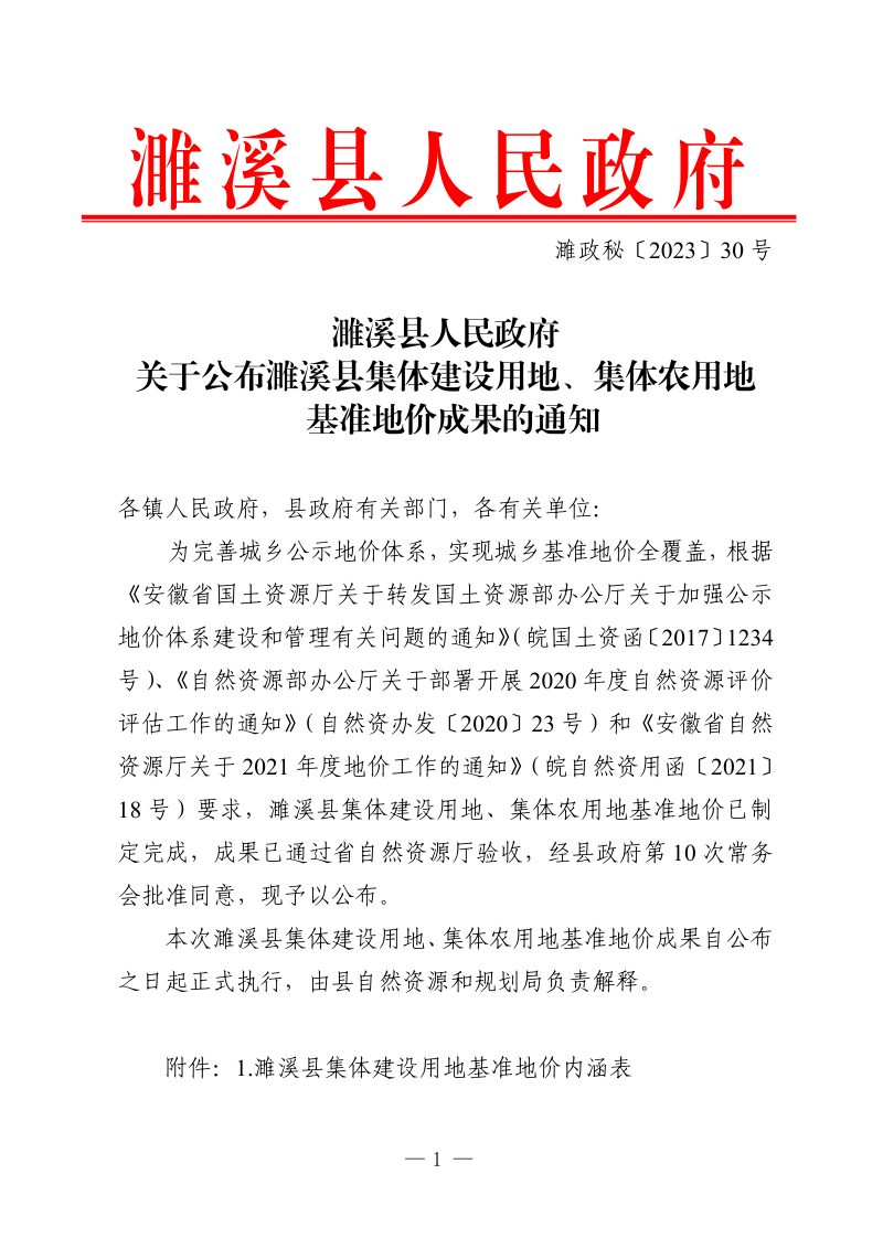 濉溪县人民政府《关于公布濉溪县集体建设用地、集体农用地基准地价成果的通知》濉政秘〔2023〕30号第1页