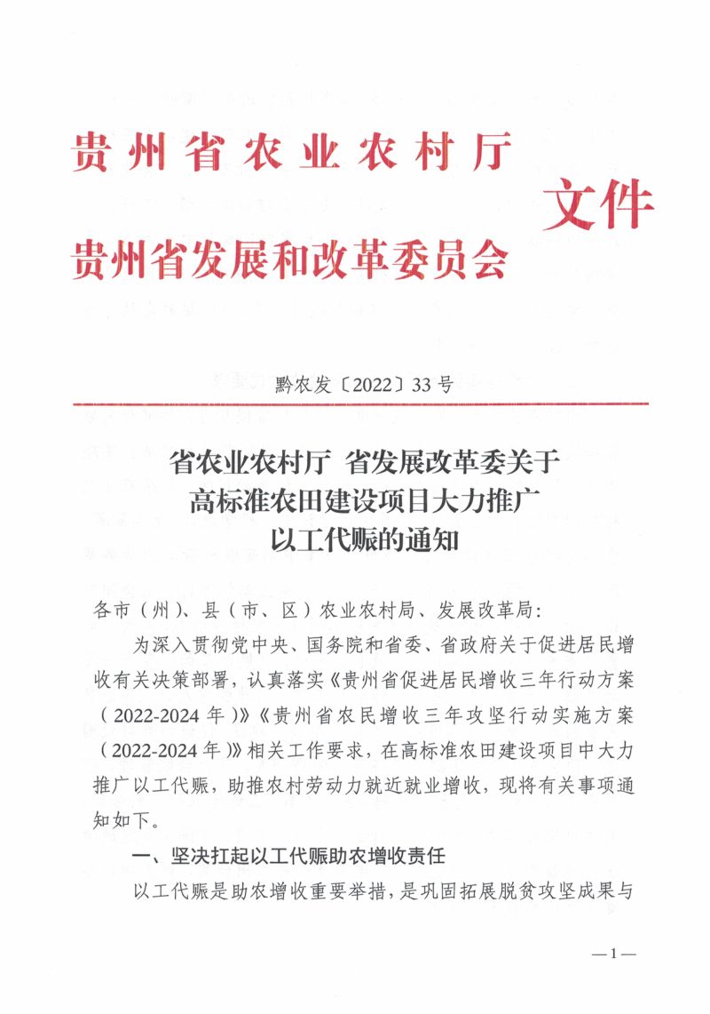 贵州省农业农村厅《关于高标准农田建设项目大力推广以工代赈的通知》黔农发〔2022〕33号第1页
