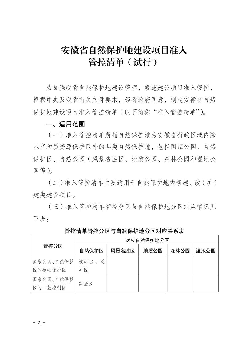 安徽省自然保护地建设项目准入管控清单（试行）第2页