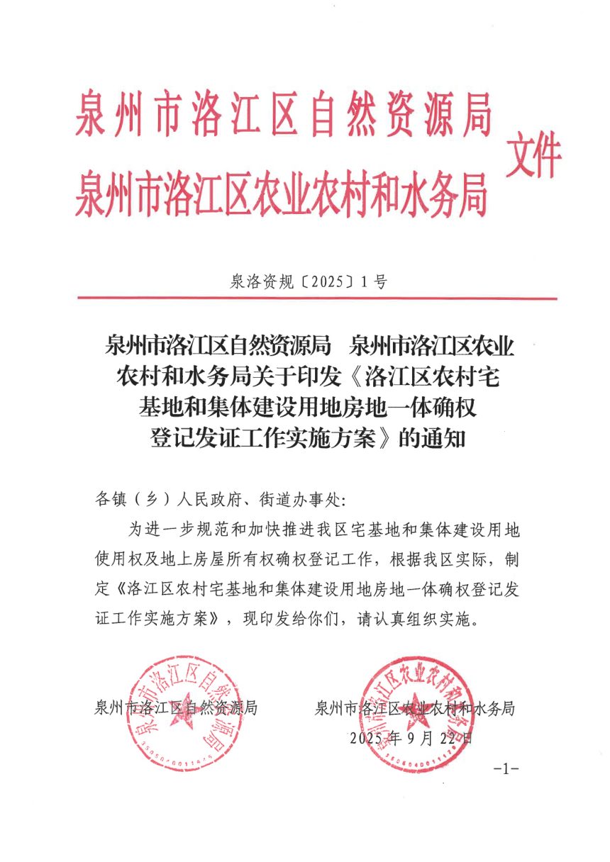 泉州市洛江区自然资源局 泉州市洛江区农业农村和水务局《洛江区农村宅基地和集体建设用地房地一体确权登记发证工作实施方案》泉洛资规〔2025〕1号第1页