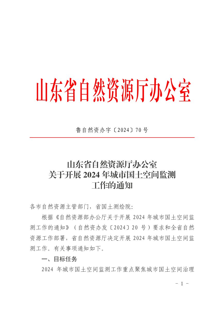 山东省自然资源厅办公室《关于开展2024年城市国土空间监测工作的通知》鲁自然资办字〔2024〕70号第1页