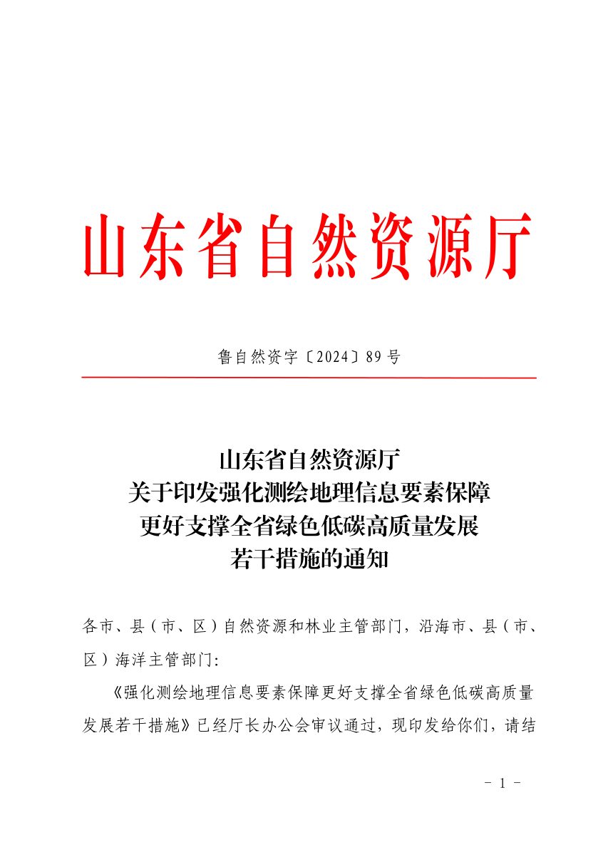山东省自然资源厅《强化测绘地理信息要素保障更好支撑全省绿色低碳高质量发展若干措施》鲁自然资字〔2024〕89号第1页