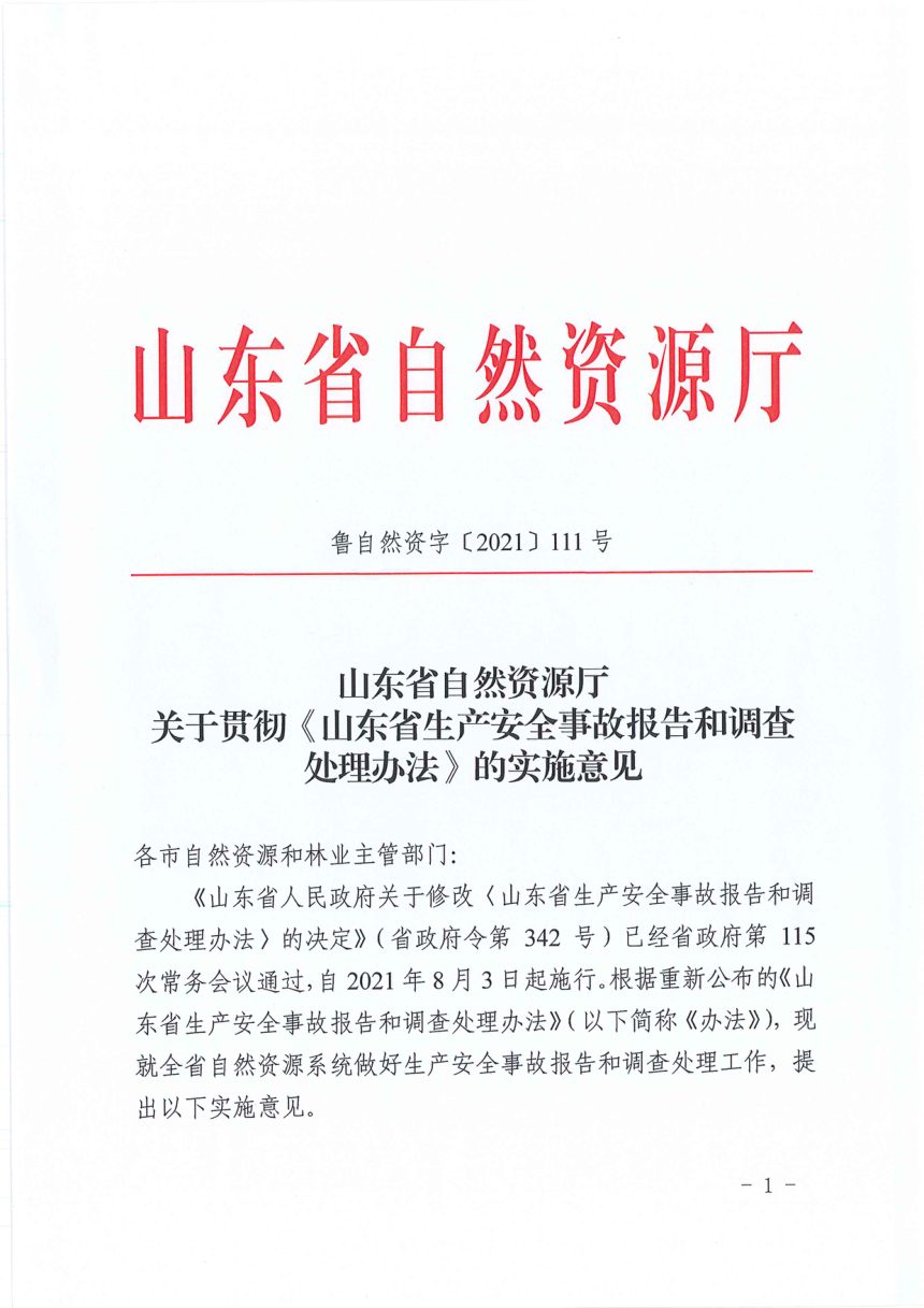 山东省自然资源厅《关于贯彻〈山东省生产安全事故报告和调查处理办法〉的实施意见》鲁自然资字〔2021〕111号第1页