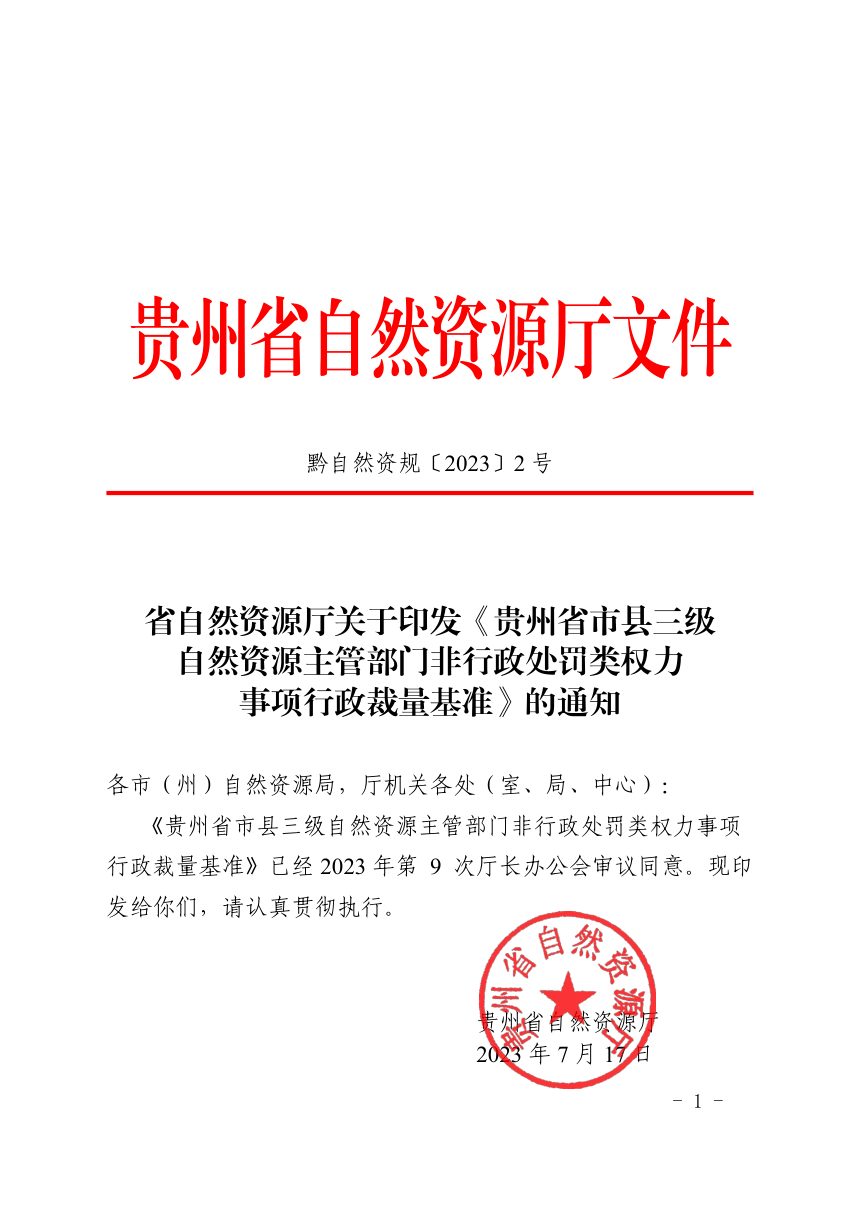 贵州省自然资源厅《市县三级自然资源主管部门非行政处罚类权力事项行政裁量基准》黔自然资规〔2023〕2号第1页