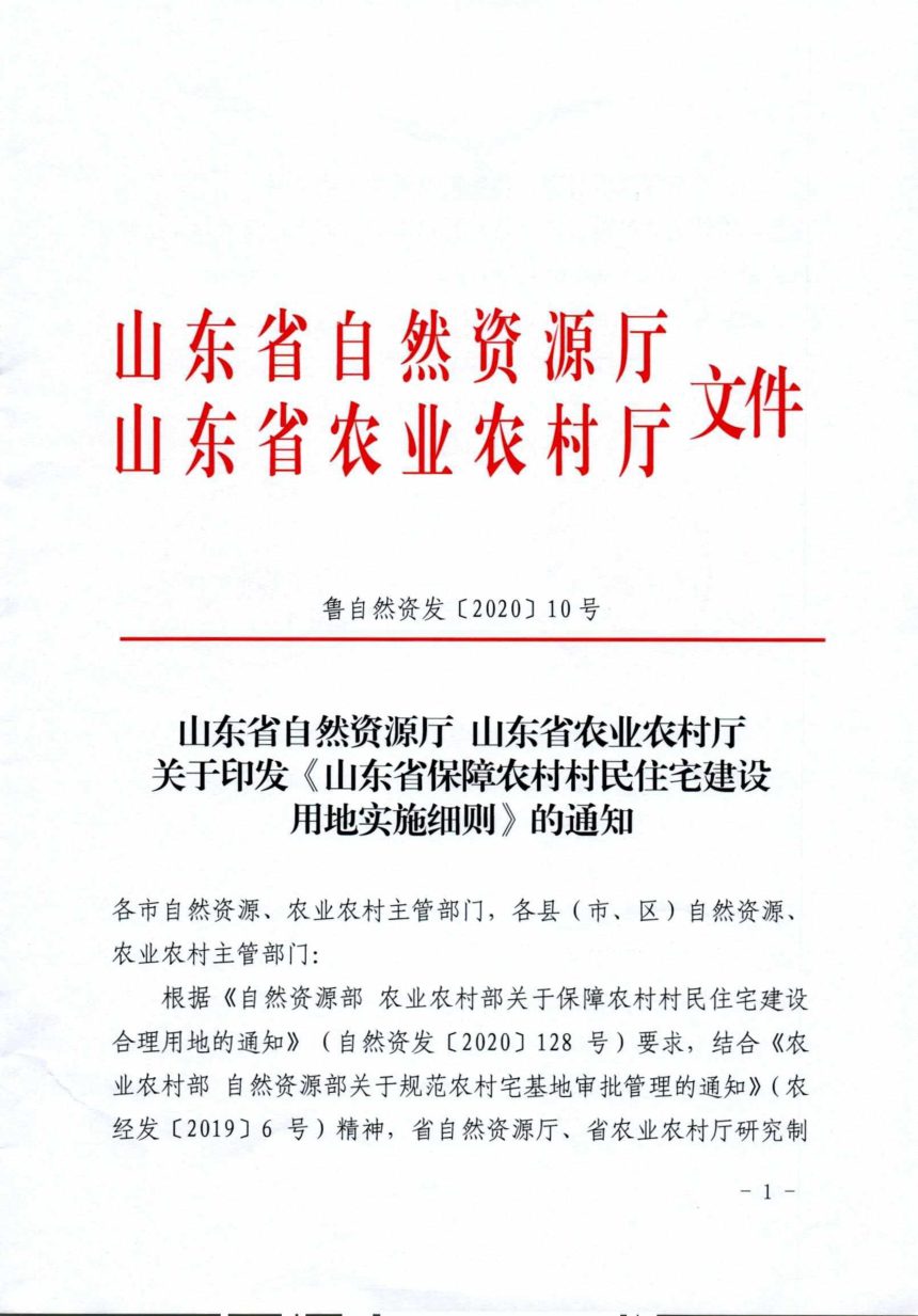 山东省自然资源厅 山东省农业农村厅《保障农村村民住宅建设用地实施细则》鲁自然资发〔2020〕10号第1页
