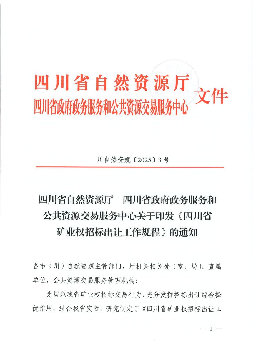四川省自然资源厅《矿业权招标出让工作规程》川自然资规〔2025〕3号第1页
