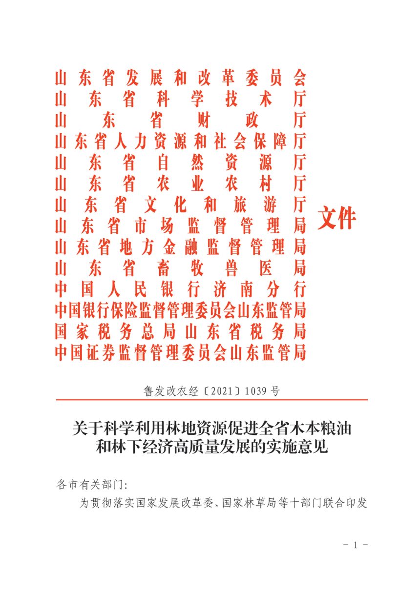 山东省发展和改革委员会等14部门《关于科学利用林地资源促进全省木本粮油和林下经济高质量发展的实施意见》鲁发改农经〔2021〕1039号第1页