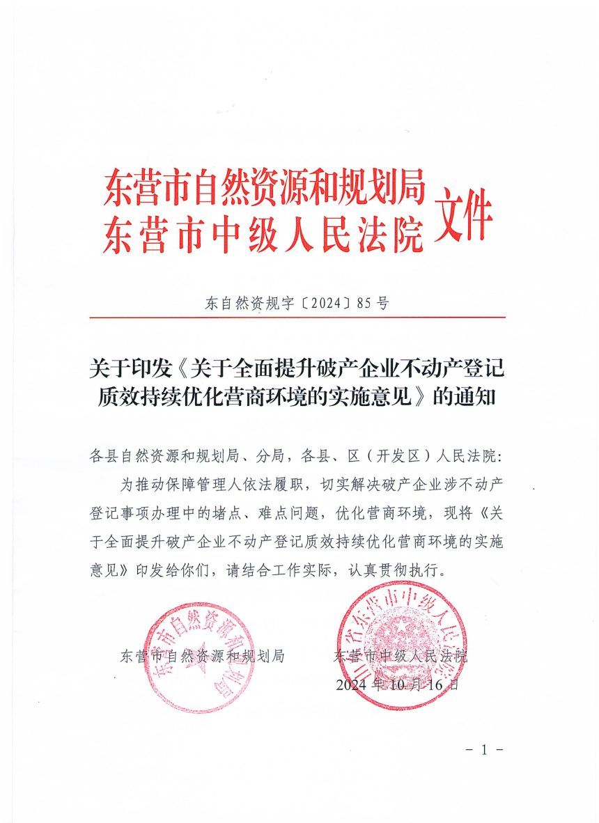 东营市自然资源和规划局 中级人民法院《关于全面提升破产企业不动产登记质效持续优化营商环境的实施意见》东自然资规字〔2024〕85号第1页
