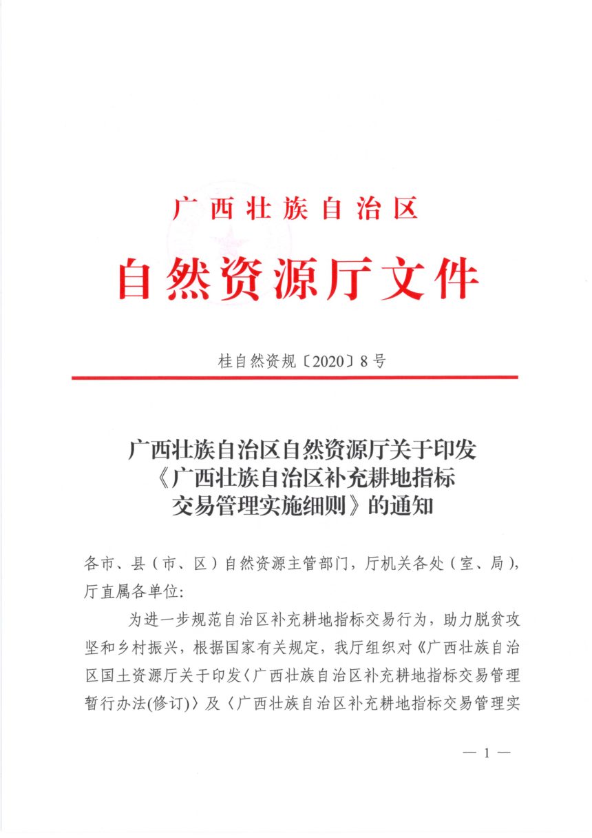 广西壮族自治区自然资源厅《补充耕地指标交易管理实施细则》桂自然资规〔2020〕8号第1页