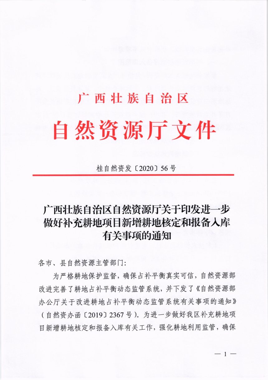 广西壮族自治区自然资源厅《进一步做好补充耕地项目新增耕地核定和报备入库有关事项的通知》桂自然资发〔2020〕56号第1页