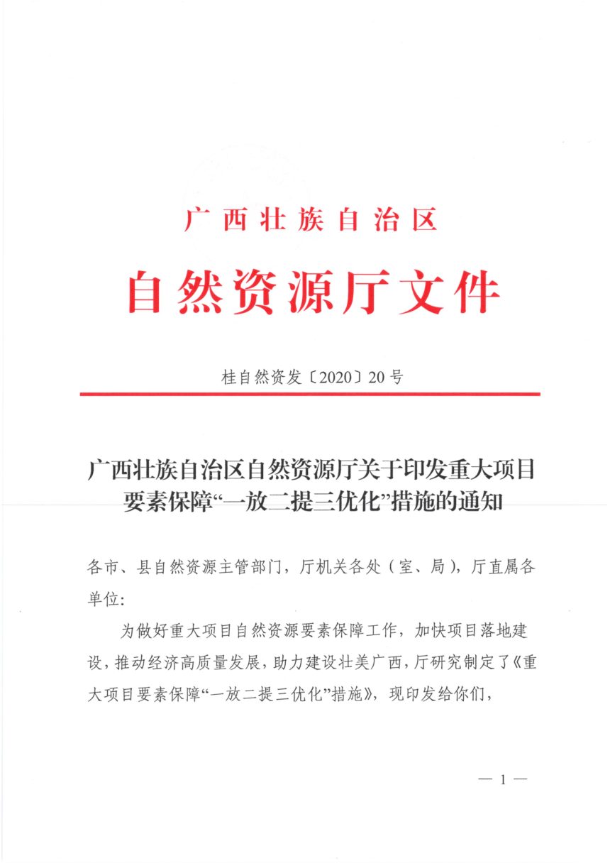 广西壮族自治区自然资源厅《重大项目要素保障“一放二提三优化”措施》桂自然资发〔2020〕20号第1页