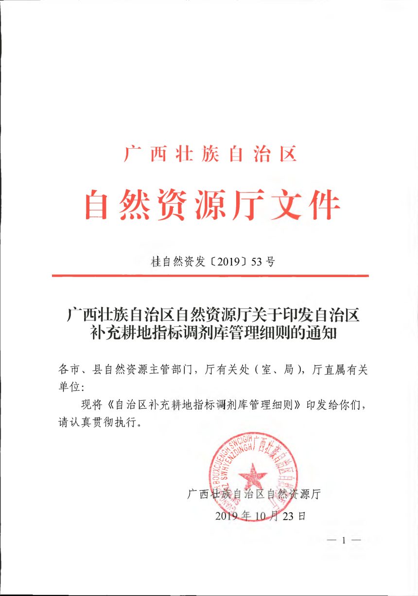 广西壮族自治区自然资源厅《自治区补充耕地指标调剂库管理细则》桂自然资发〔2019〕53号第1页