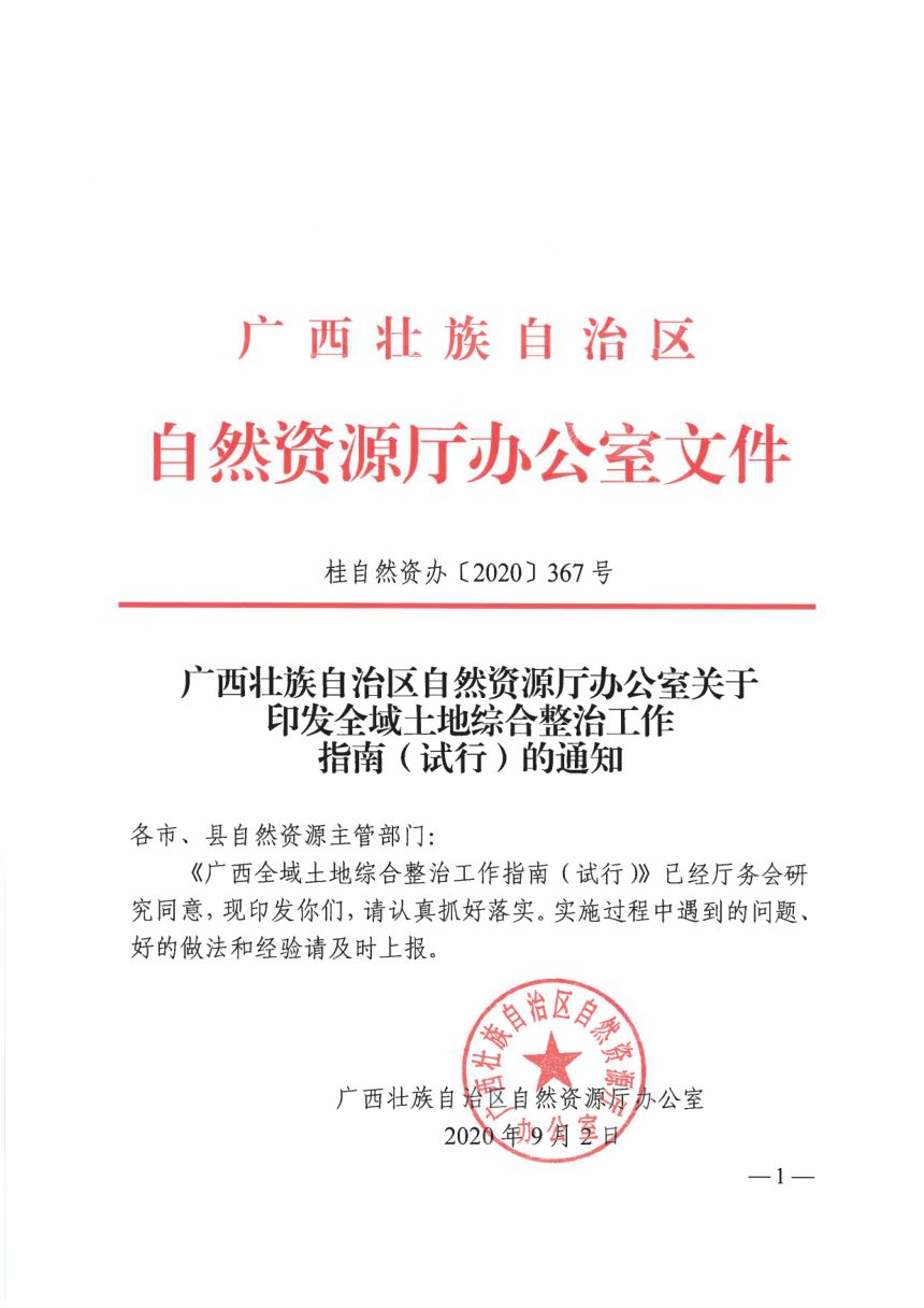 广西壮族自治区自然资源厅办公室《全域土地综合整治工作指南（试行）》桂自然资办〔2020〕367号第1页
