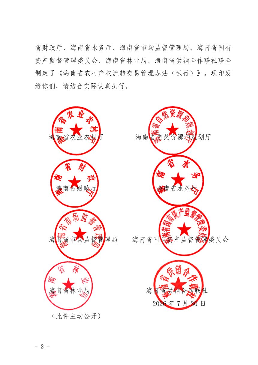 海南省农业农村厅等8部门《农村产权流转交易管理办法（试行）》琼农规〔2026〕7号第2页