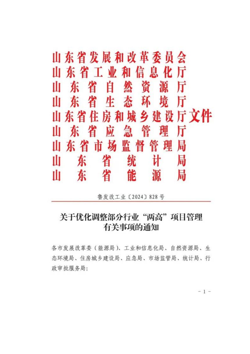 山东省发展和改革委员会等九部门《关于优化调整部分行业“两高”项目管理有关事项的通知》鲁发改工业〔2024〕828号第1页