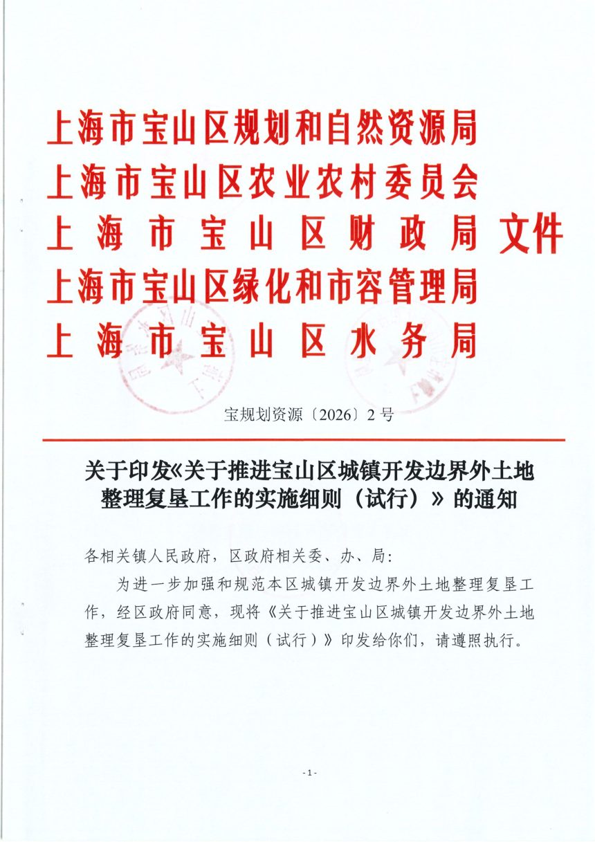 上海市《关于推进宝山区城镇开发边界外土地整理复垦工作的实施细则》宝规划资源〔2026〕2号第1页
