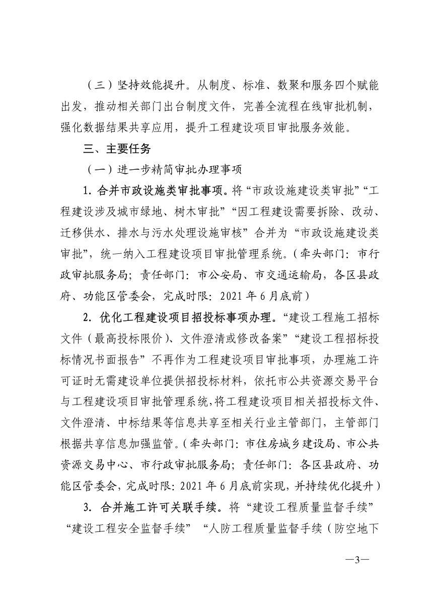 济南市工程建设项目审批制度改革领导小组《优化提升工程建设项目审批实施方案》济工改字〔2021〕1 号第3页