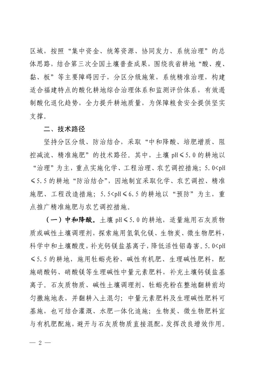 福建省农业农村厅《关于加强酸化耕地综合治理的指导意见》闽农土〔2026〕2号第2页