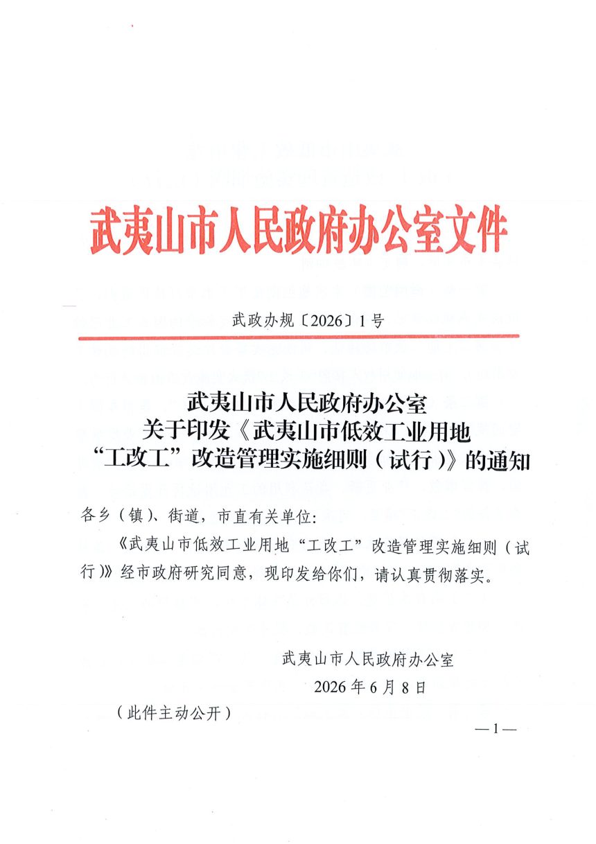 武夷山市低效工业用地“工改工”改造管理实施细则（试行）第1页