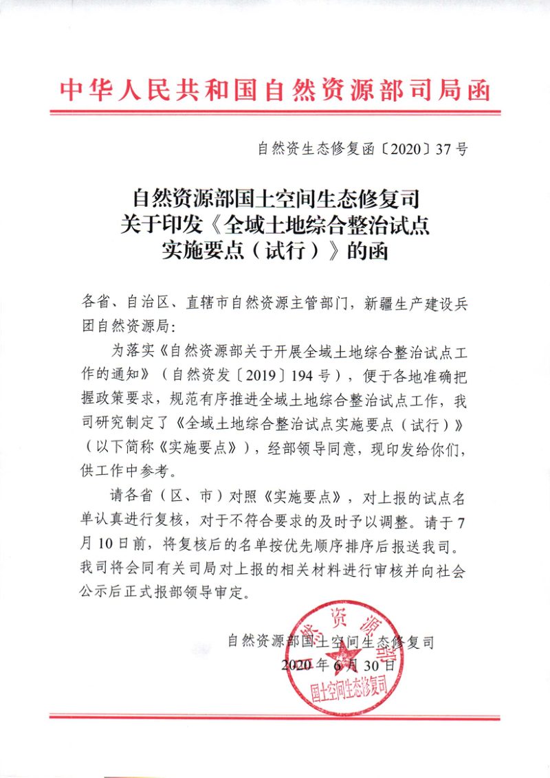 自然资源部国土空间生态修复司《全域土地综合整治试点实施要点（试行）》自然资生态修复函〔2020〕37号第1页