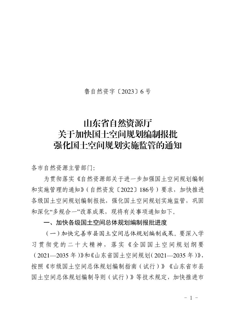 山东省自然资源厅《关于加快国土空间规划编制报批强化国土空间规划实施监管的通知》鲁自然资字〔2023〕6号第1页