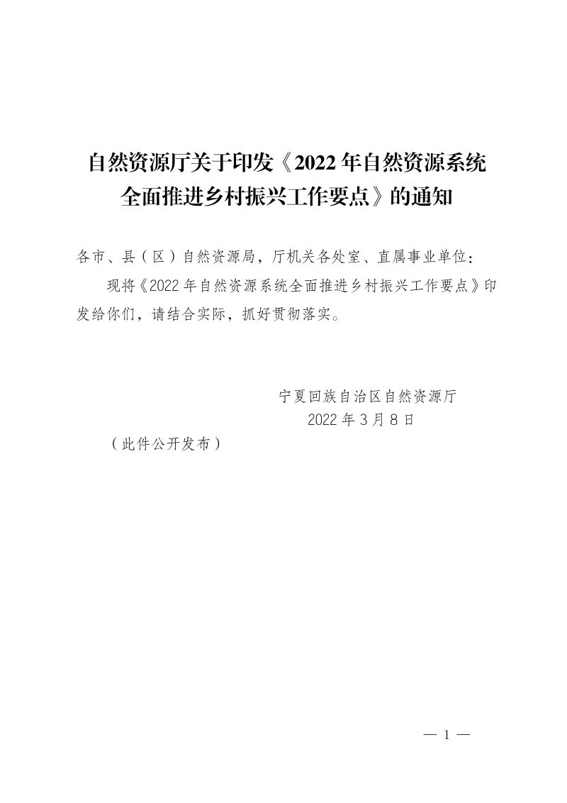 宁夏自然资源厅《2022年自然资源系统全面推进乡村振兴工作要点》第1页