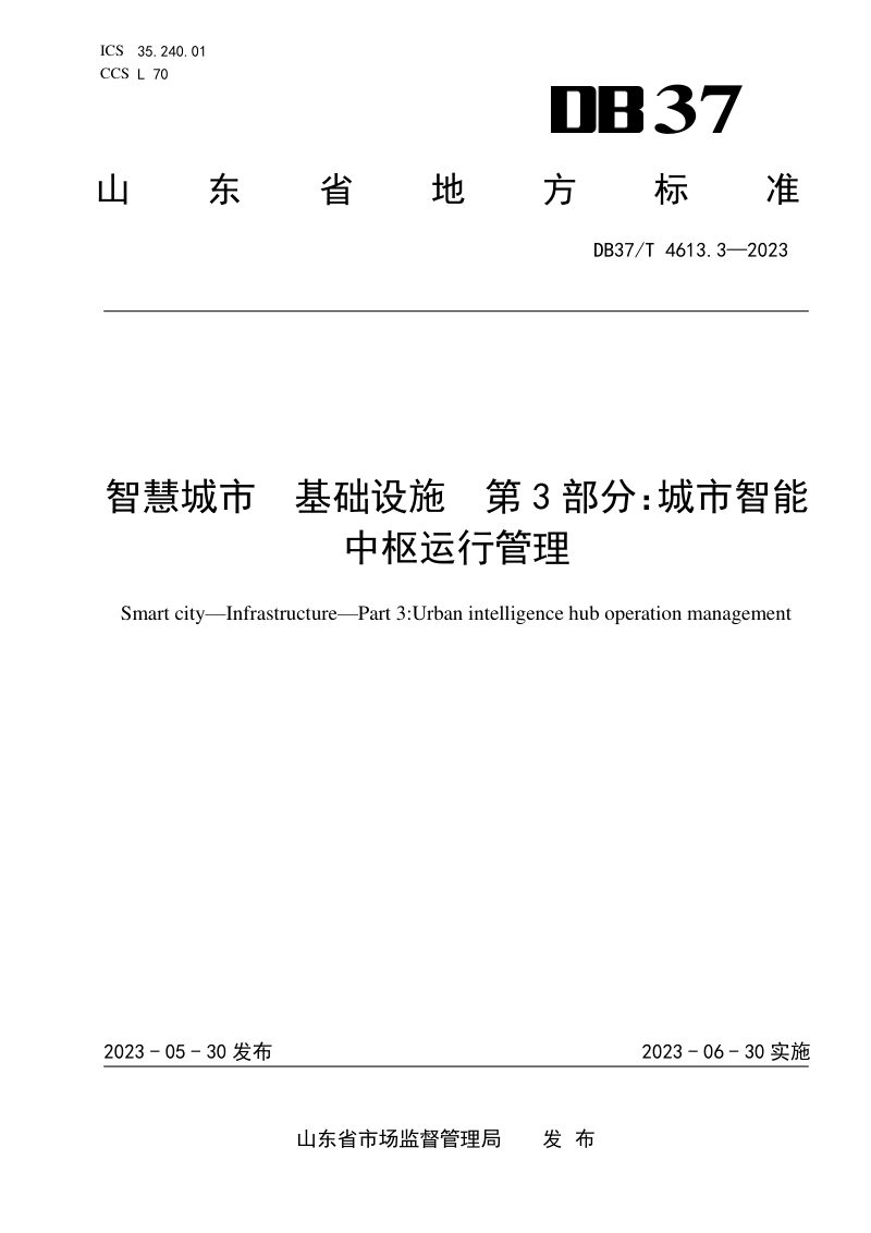 山东省《智慧城市 基础设施 第3部分：城市智能中枢运行管理》DB37/T 4613.3-2023第1页