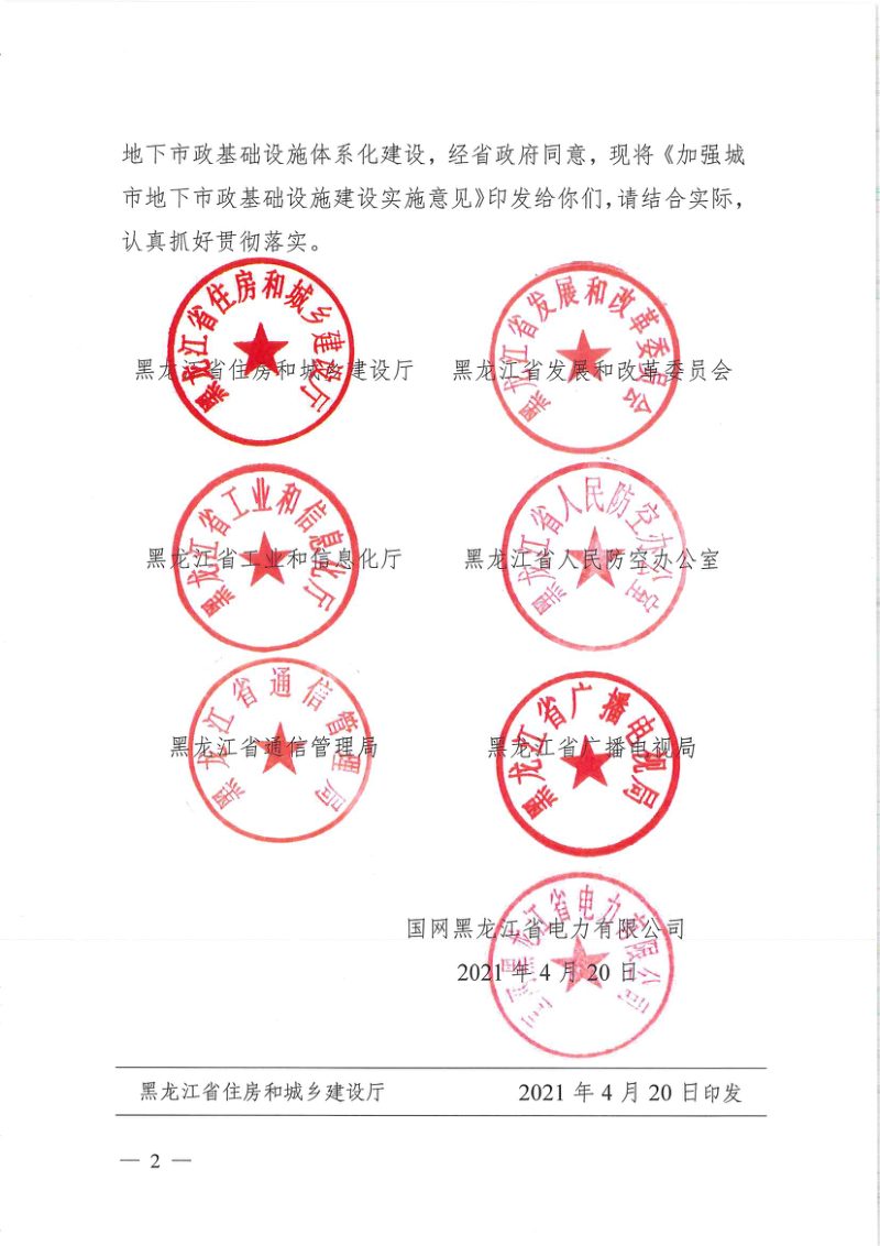 黑龙江省《加强城市地下市政基础设施建设实施意见》黑建规范[2021]5号第2页