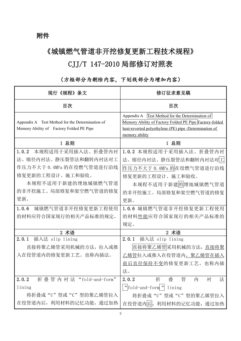《城镇燃气管道非开挖修复更新工程技术规程》（局部修订征求意见稿）第3页