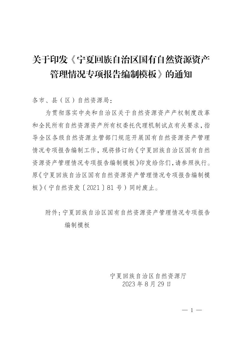 宁夏回族自治区国有自然资源资产管理情况专项报告编制模板第1页