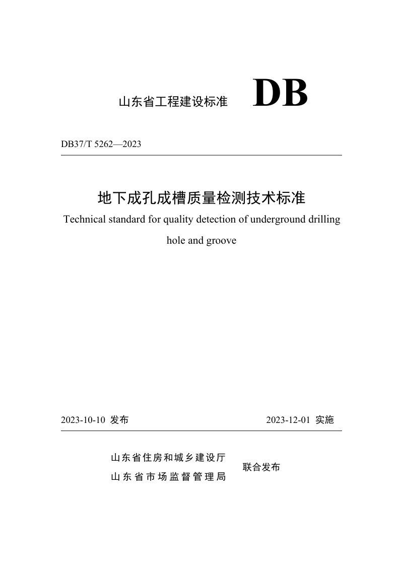 山东省《地下成孔成槽质量检测技术标准》DB37/T 5262-2023第1页